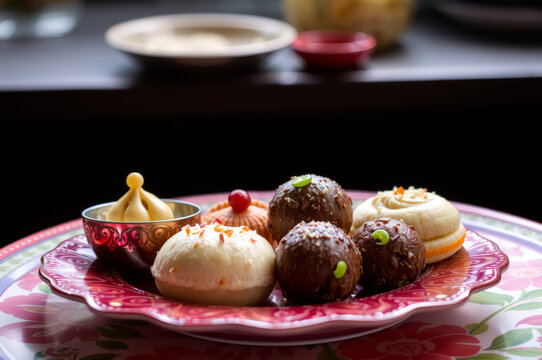 Bengali sweets collection on decorative plate, cultural food photography (