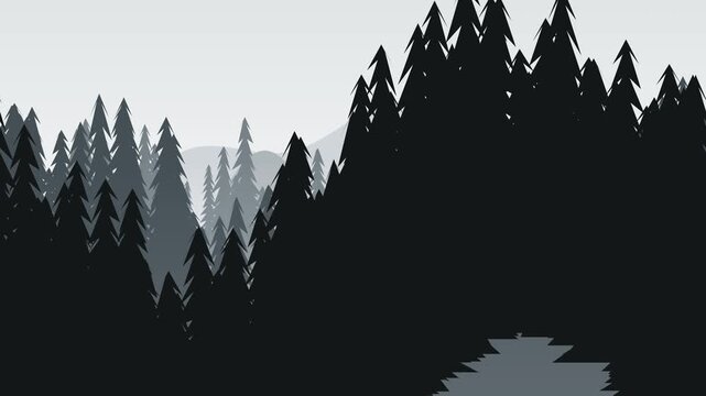 Minimalist vector illustration of a misty evergreen forest