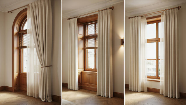 Three views of cream curtains hanging on wooden window frames in a bright interior room