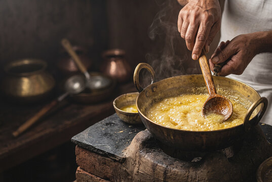 Traditional Indian suji halwa prepared in a brass kadai at home