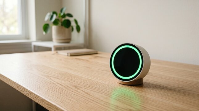 Desktop air quality monitor with glowing green LED ring on a wooden office desk