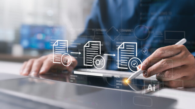 Businessman developing digital automation system and AI workflow optimization. Project management concept, operational efficiency, business dashboard for checklist and progress tracking.
