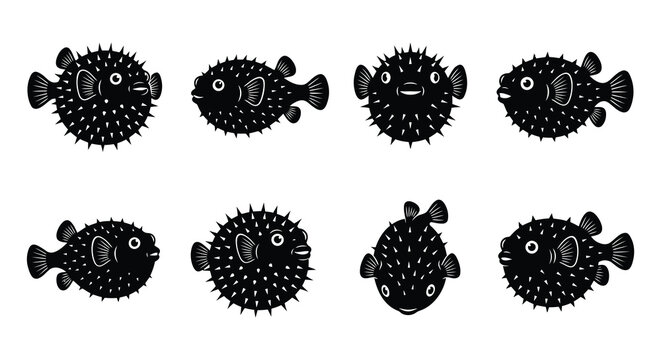Black silhouette pufferfish collection a flat vector illustration