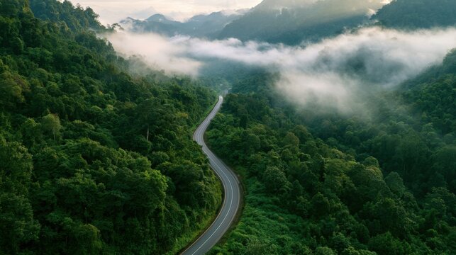 Aerial view of a winding highway cutting through lush tropical forest and mountain landscape under misty skies
