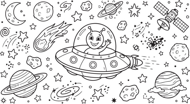 Cute alien flying in spaceship coloring page template with space background and stars.