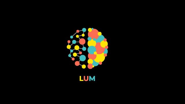 Animated brain logo with neural network and colorful circles on transparent background