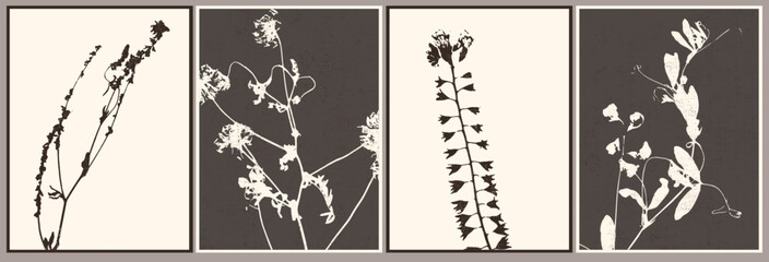 Naklejka premium Stamp distressed flowers, leaves, plants. Minimal style wild flower. Spring, summer, autumn botanical art. Wall art composition with canvas texture. Monochromatic vintage style.