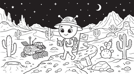 Fototapeta premium Cute alien explorer walking on desert moon surface with space rover and cacti vector coloring page.