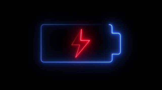 Bright neon electric battery icon power baton icon black background. 4k