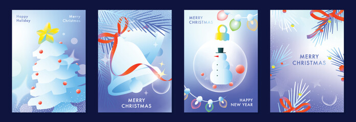 Naklejka premium Merry Christmas and Happy New Year vector posters set. Christmas tree, bell, snowman ornament and festive pine decorations on soft blue pastel holiday greeting card backgrounds.
