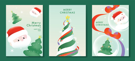 Naklejka premium Merry Christmas and Happy New Year vector posters set. Cute Santa Claus, Christmas tree and snow globe greeting cards with soft pastel festive backgrounds and holiday decorations.