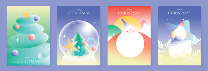 Naklejka premium Merry Christmas and Happy New Year vector posters set. Cute Santa Claus, Christmas tree and snow globe greeting cards with soft pastel festive backgrounds and holiday decorations.