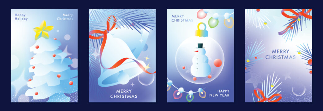 Merry Christmas and Happy New Year vector posters set. Christmas tree, bell, snowman ornament and festive pine decorations on soft blue pastel holiday greeting card backgrounds.