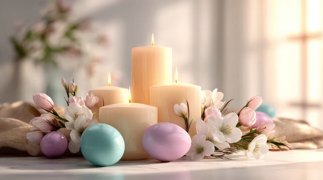 Bright warm Easter icon scene with soft lighting and pastel decorations in a spring setting