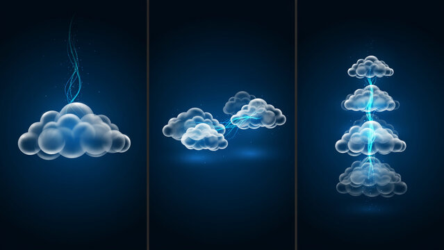 Glowing 3d cloud computing network with blue light streams on dark background