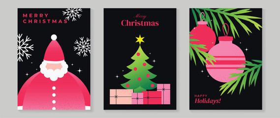 Naklejka premium Merry Christmas and Happy New Year vector posters set. Christmas ornaments, colorful gift boxes, ribbon bows and festive trees on soft blue pastel holiday greeting card backgrounds.