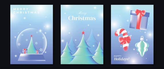 Naklejka premium Merry Christmas and Happy New Year vector posters set. Christmas ornaments, colorful gift boxes, ribbon bows and festive trees on soft blue pastel holiday greeting card backgrounds.