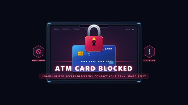 Digital interface displaying blocked ATM card alert with red security padlock and unauthorized access notification message