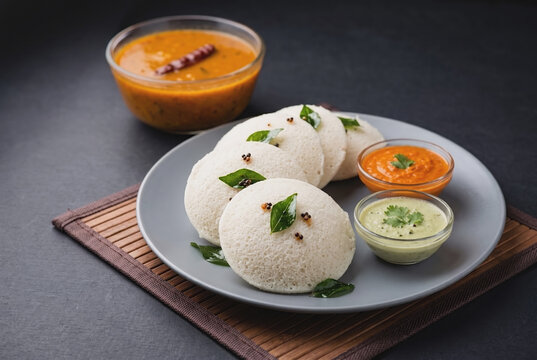 Steamed idli with chutneys and sambar on ceramic plate