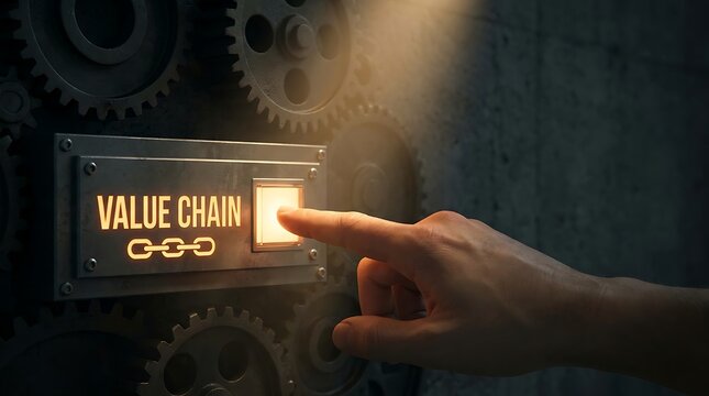 A human hand presses a glowing button labeled value chain on a mechanical gear wall