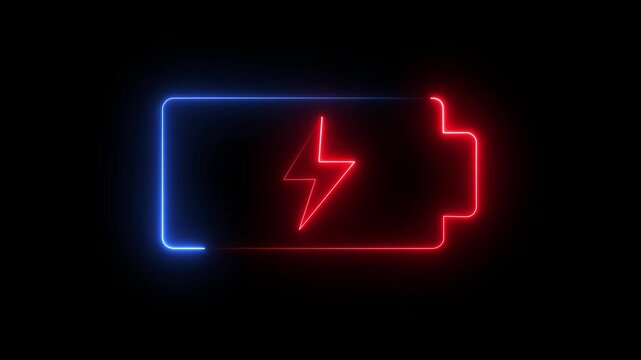 Bright neon electric battery icon power baton icon black background. 4k