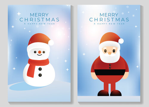 Merry Christmas and Happy New Year vector posters set. Cute snowman and Santa Claus characters on soft blue winter backgrounds with snow and sparkling festive decorations.