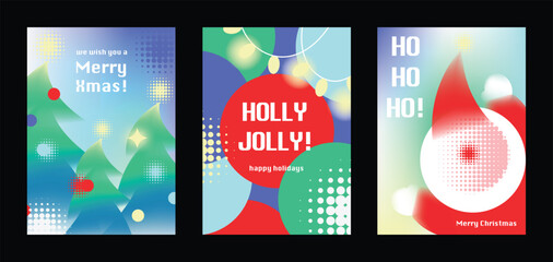 Naklejka premium Merry Christmas and Happy New Year vector posters set. Christmas tree, bell, snowman ornament and festive pine decorations on soft blue pastel holiday greeting card backgrounds.