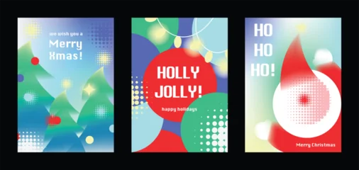 Fotobehang Karaktertjes Merry Christmas and Happy New Year vector posters set. Christmas tree, bell, snowman ornament and festive pine decorations on soft blue pastel holiday greeting card backgrounds.  © TWINS DESIGN STUDIO