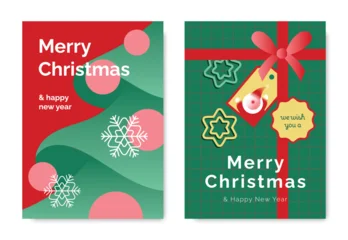 Fotobehang Karaktertjes Merry Christmas and Happy New Year vector posters set. Abstract ornaments, snowflakes, gift ribbon, bow and Santa tag on festive red and green holiday greeting cards.  © TWINS DESIGN STUDIO
