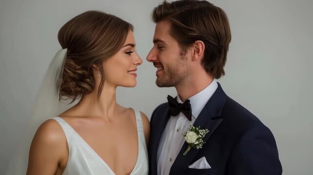 Wedding Couple Portrait Featuring Bride and Groom Smiling in Formal Attire at Elegant Celebration