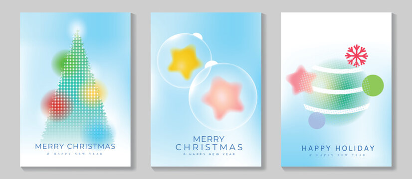 Merry Christmas and Happy New Year vector posters set. Abstract Christmas tree, star ornaments, striped bauble and snowflake on soft blue pastel holiday greeting card backgrounds.