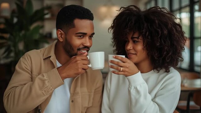 Smiling Couple Sharing Coffee Mug with Affection in Cozy Cafe Setting Together