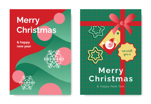 Merry Christmas and Happy New Year vector posters set. Abstract ornaments, snowflakes, gift ribbon, bow and Santa tag on festive red and green holiday greeting cards.