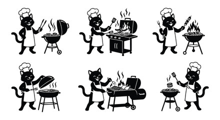 Obraz premium Black cat chef grilling with barbecue equipment vector silhouettes