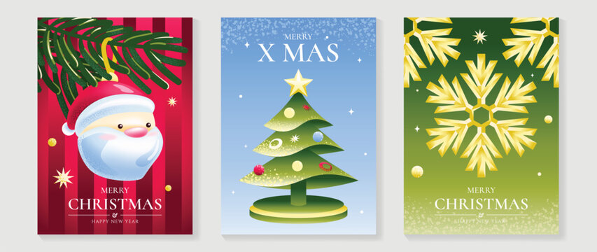 Merry Christmas and Happy New Year vector posters set. Cute Santa Claus, Christmas tree and snow globe greeting cards with soft pastel festive backgrounds and holiday decorations.