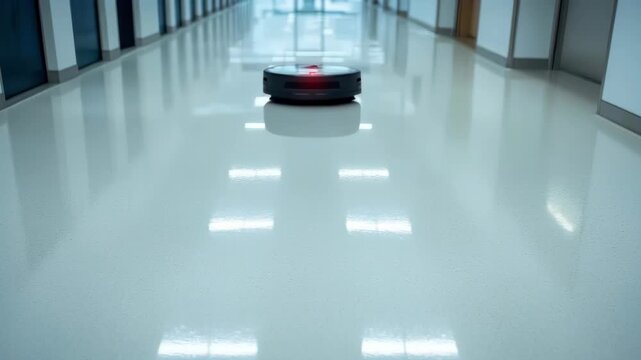 Autonomous Robotic Vacuum Cleaner Cleaning Modern Hospital Hallway with Polished Flooring
