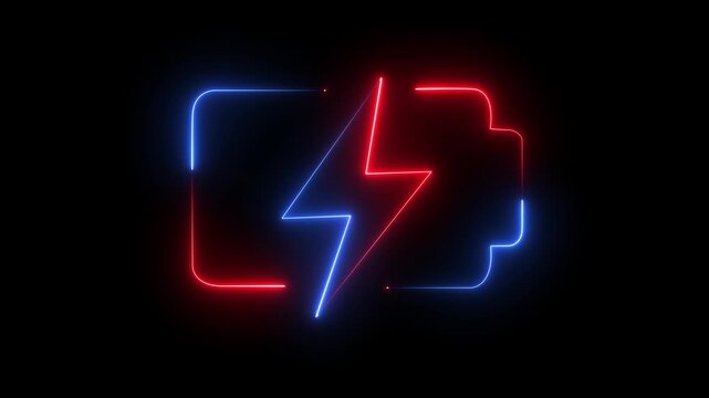 Glowing neon battery icon animation with red lightning 4k Animation video on Black Background.