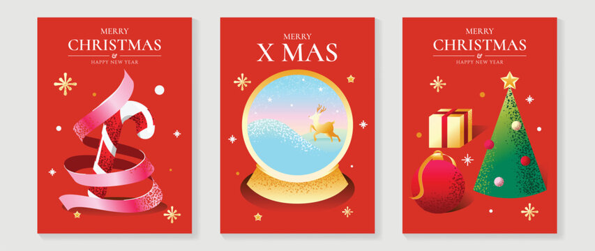 Merry Christmas and Happy New Year vector posters set. Candy cane ribbon, reindeer snow globe, Christmas tree, gift box and festive decorations on red holiday backgrounds.