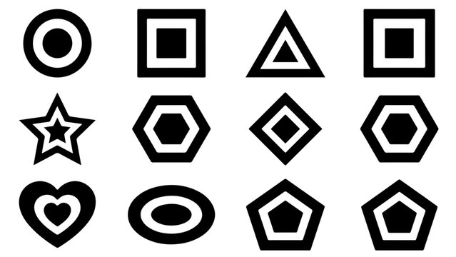 Collection of bold black outlines depicting basic shapes like circles, squares, triangles, and stars.