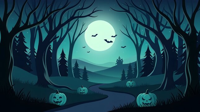 A spooky forest landscape with glowing pumpkins and a full moon for a happy halloween celebration background