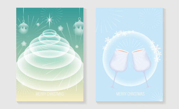 Merry Christmas and Happy New Year vector posters set. Abstract layered Christmas tree, hanging ornaments and champagne glasses with glowing snowflake circle on soft pastel backgrounds.