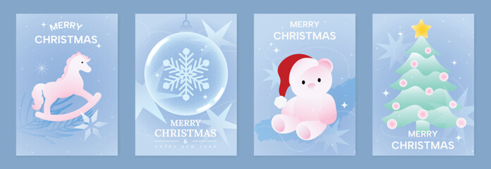 Naklejka premium Merry Christmas and Happy New Year vector posters set. Rocking horse, Christmas ornaments, cute polar bear with gift, holly leaves and festive holiday decorations.