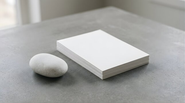 Blank white paper stack mockup with a smooth stone on concrete surface