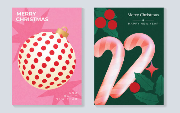 Merry Christmas and Happy New Year vector posters set. Pink Christmas ornament and candy cane greeting cards with festive holly, berries and modern geometric background.