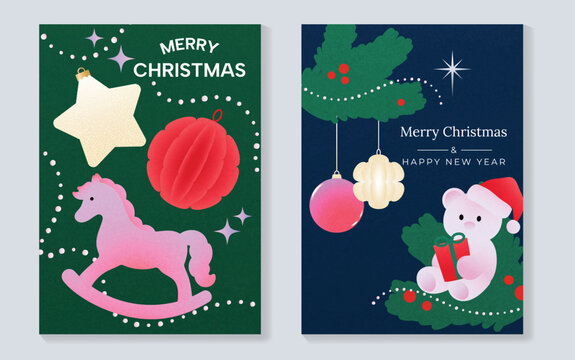 Merry Christmas and Happy New Year vector posters set. Rocking horse, Christmas ornaments, cute polar bear with gift, holly leaves and festive holiday decorations.