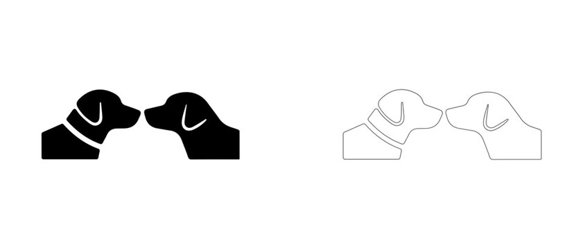Two dogs sniffing noses greeting vector icon filled and outline, pet socialization and friendly encounter symbol.