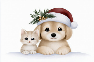 Fototapeta premium Cute puppy and kitten with Christmas hat and pine decoration, festive holiday pet illustration with joyful expression