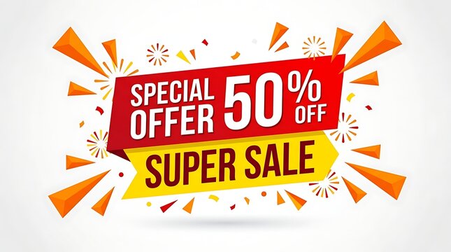 50 percent off super sale banner with bold red discount burst and confetti explosion