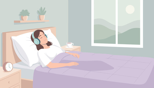 Serene woman rests in bed while wearing comfortable headphones beside an alarm clock and a cup of coffee in a room with mountain views.