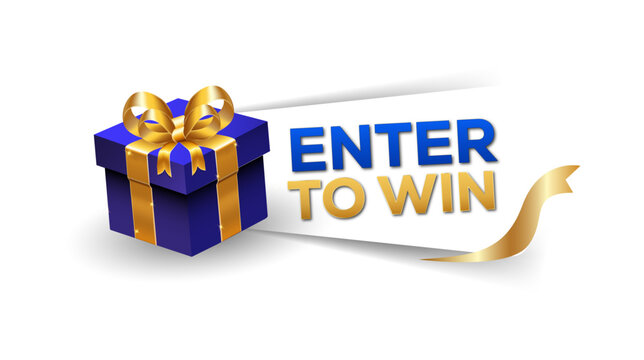 Enter to win banner template with 3D blue gift box gold ribbon and banner stream isolated on white background vector illustration